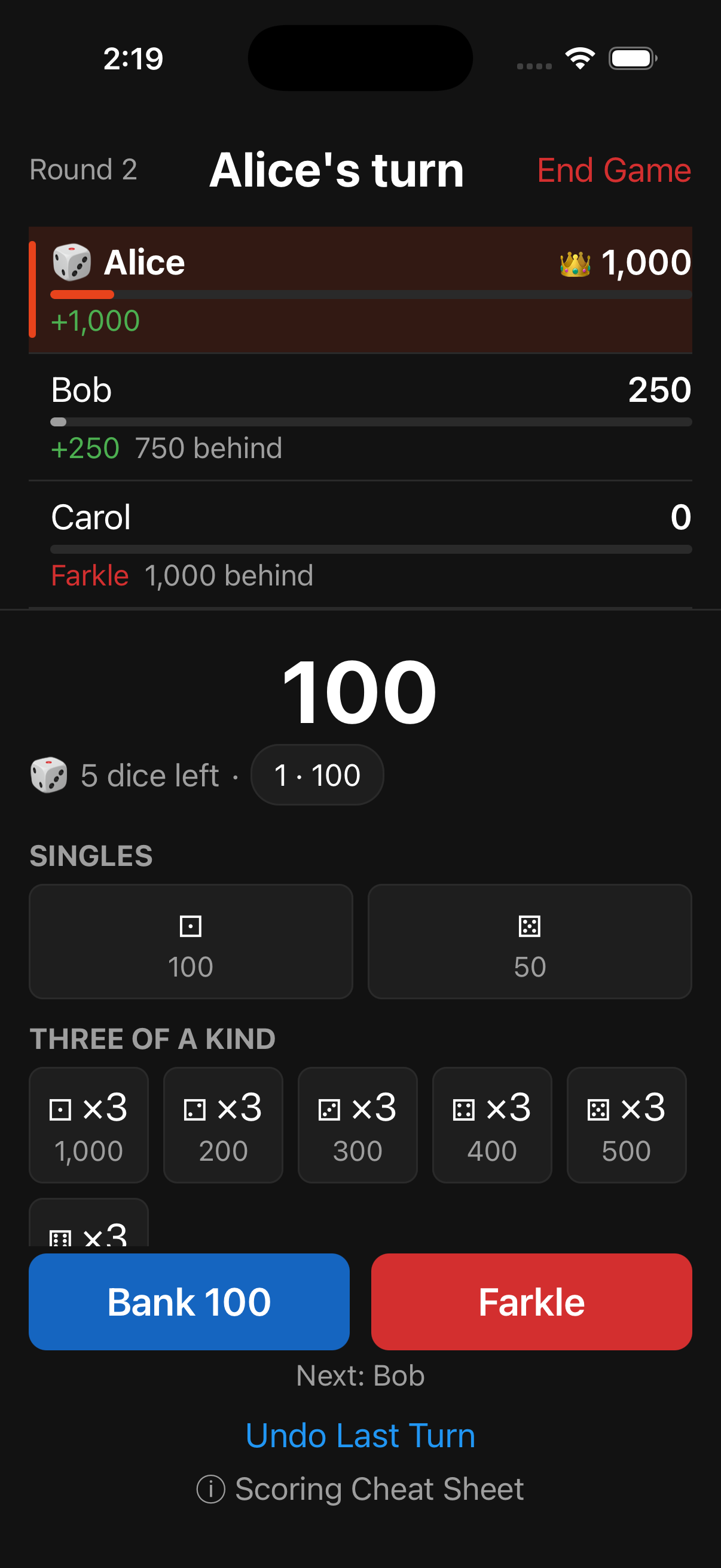 Hot Dice Count mid-game, showing three players' live totals, a farkle, and a turn in progress